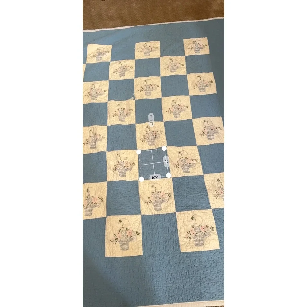 Vintage Blue White Checkered Flower Basket Embroidered Patchwork Quilt 63x83